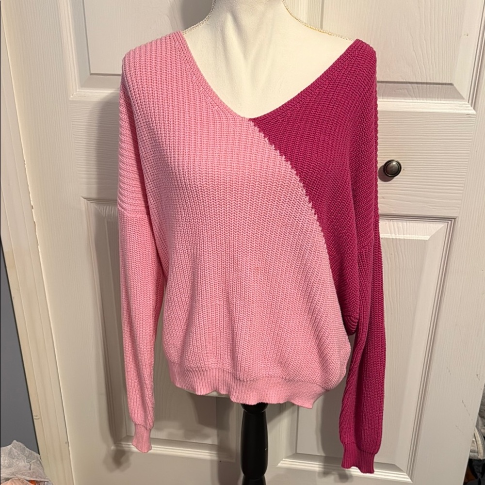 Anthropology Colorblock V-Neck Sweater - Pink and Magenta Open Back